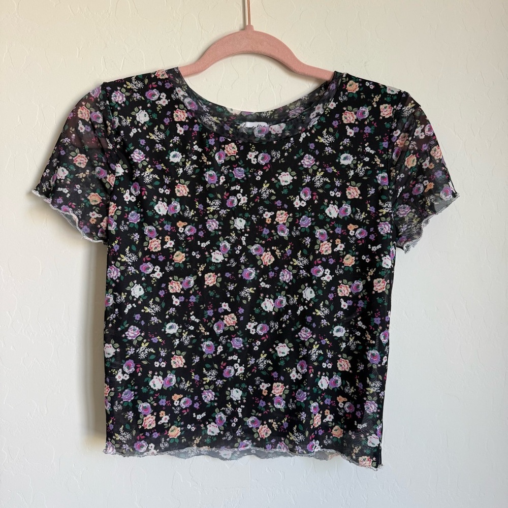 Y2K Modern Black Floral Mesh Rolled Hem Cropped Babydoll
Top Medium
